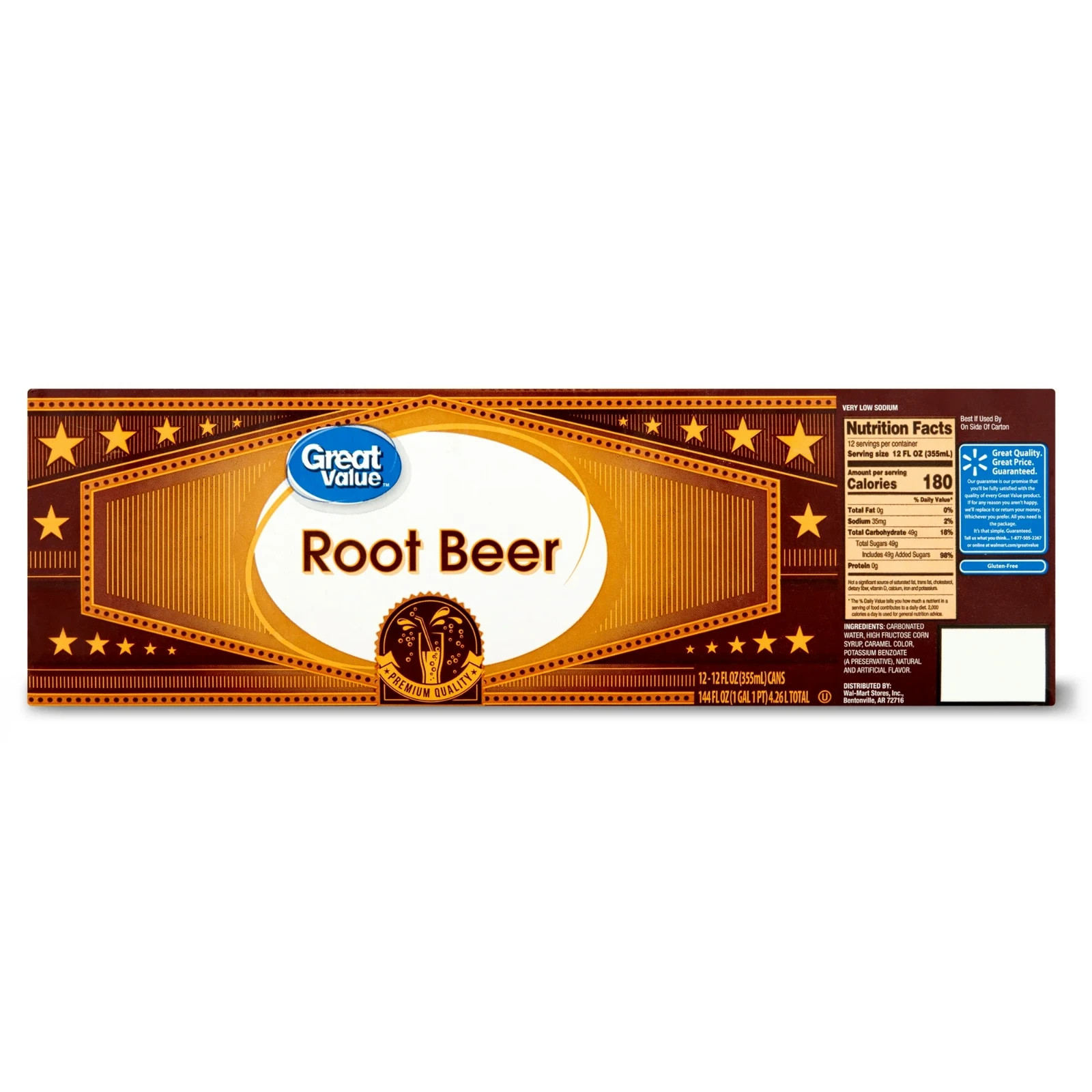 Great Value Root Beer Soda Pop, 12 fl oz, 12 Pack Cans Pack of 2