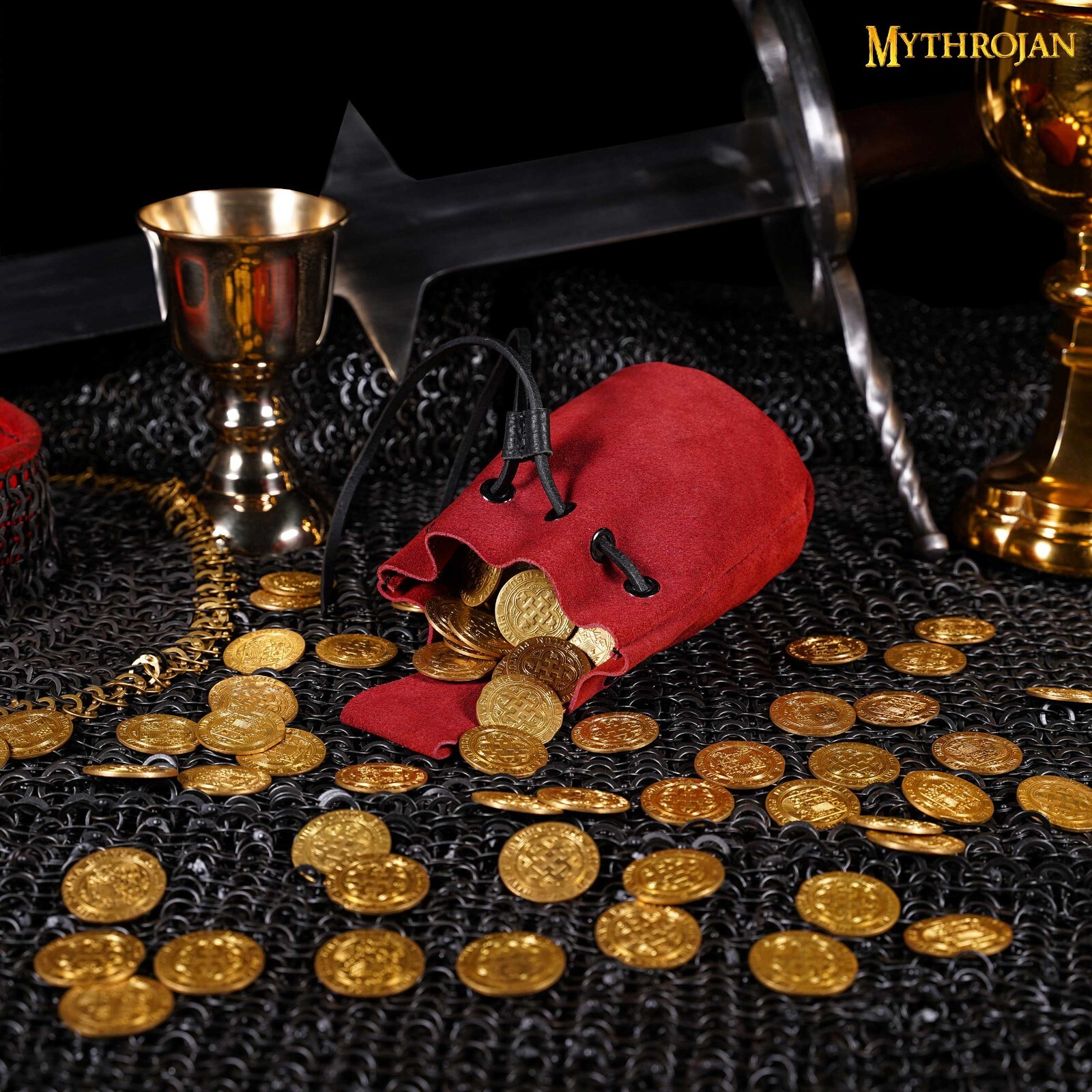 Medieval Leather Pouch Renaissance Larp Mini Bag Drawstring Closure Red Suede