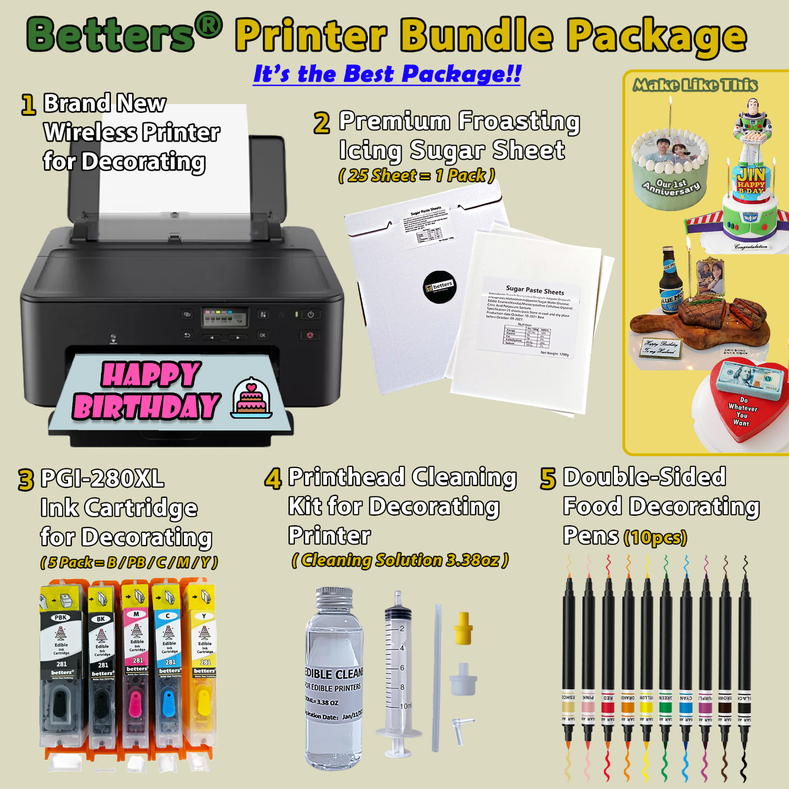 Betters® EDIBLE Printer Set- Cake Ink & 25 Sugar sheets & Clean Kits & Food Pens
