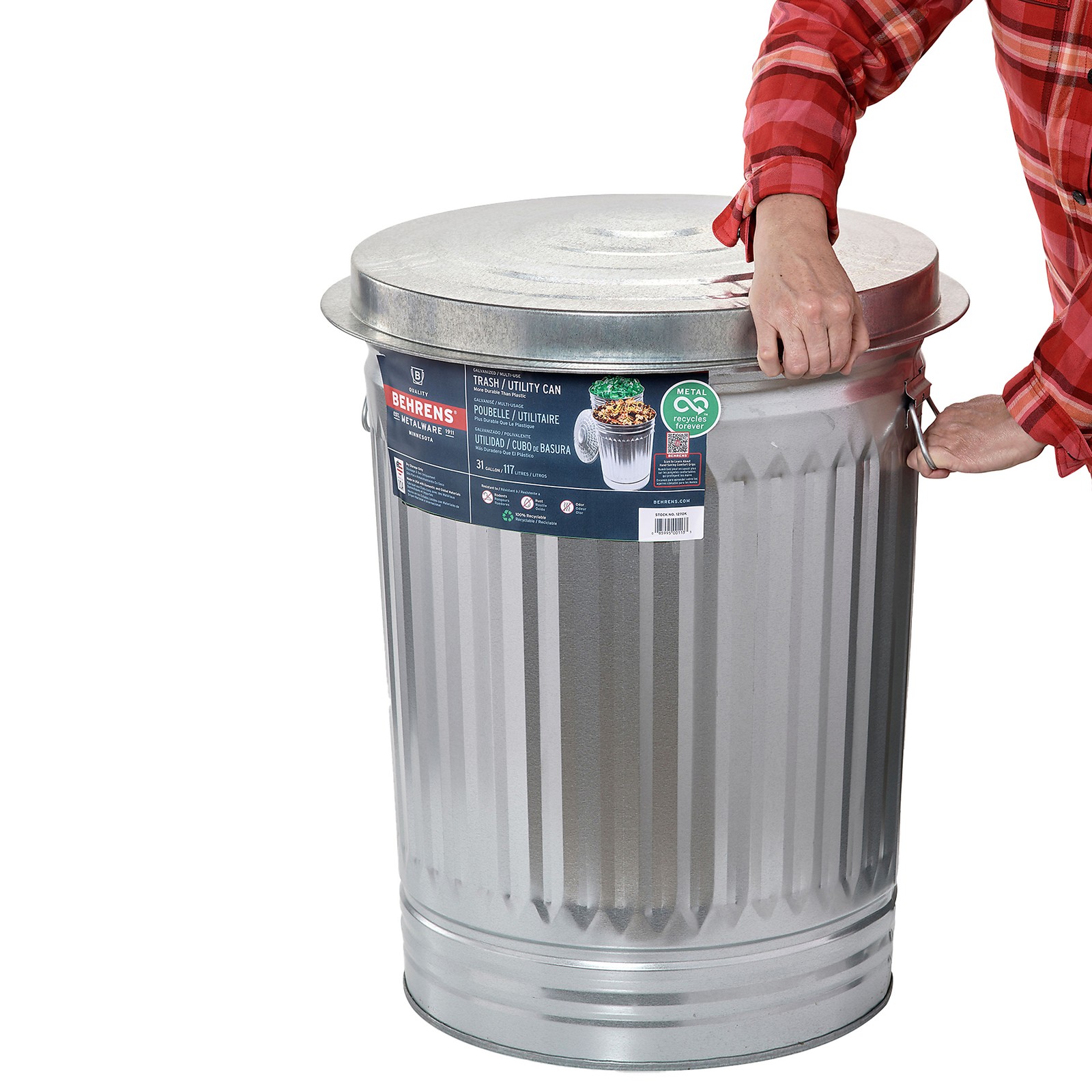 Behrens Galvanized Steel Trash Can with Lid, 31 Gal., 21in. Dia. × 29.75in.H