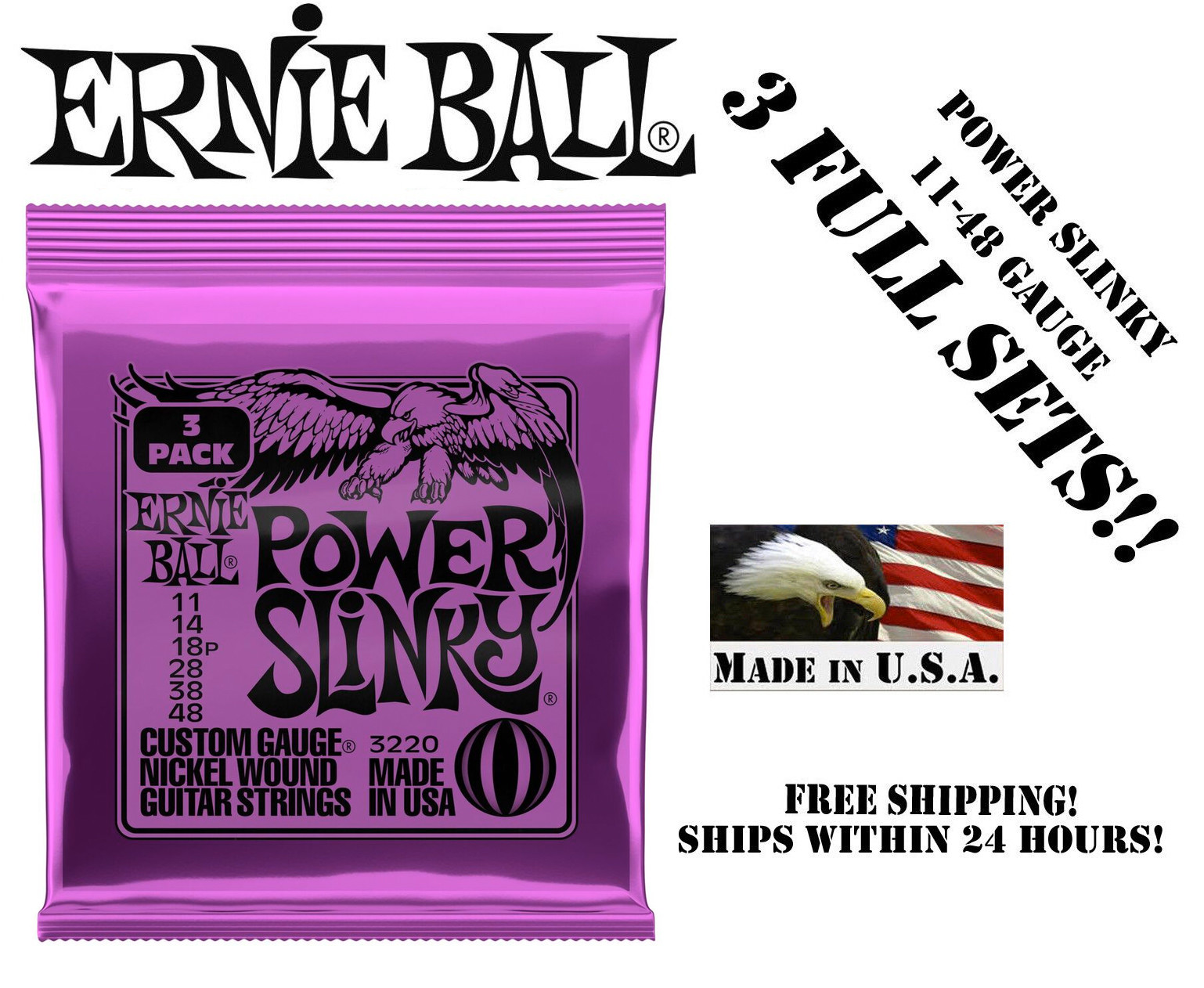 **3 SETS ERNIE BALL 2220 POWER SLINKY ELECTRIC GUITAR STRINGS 11-48**