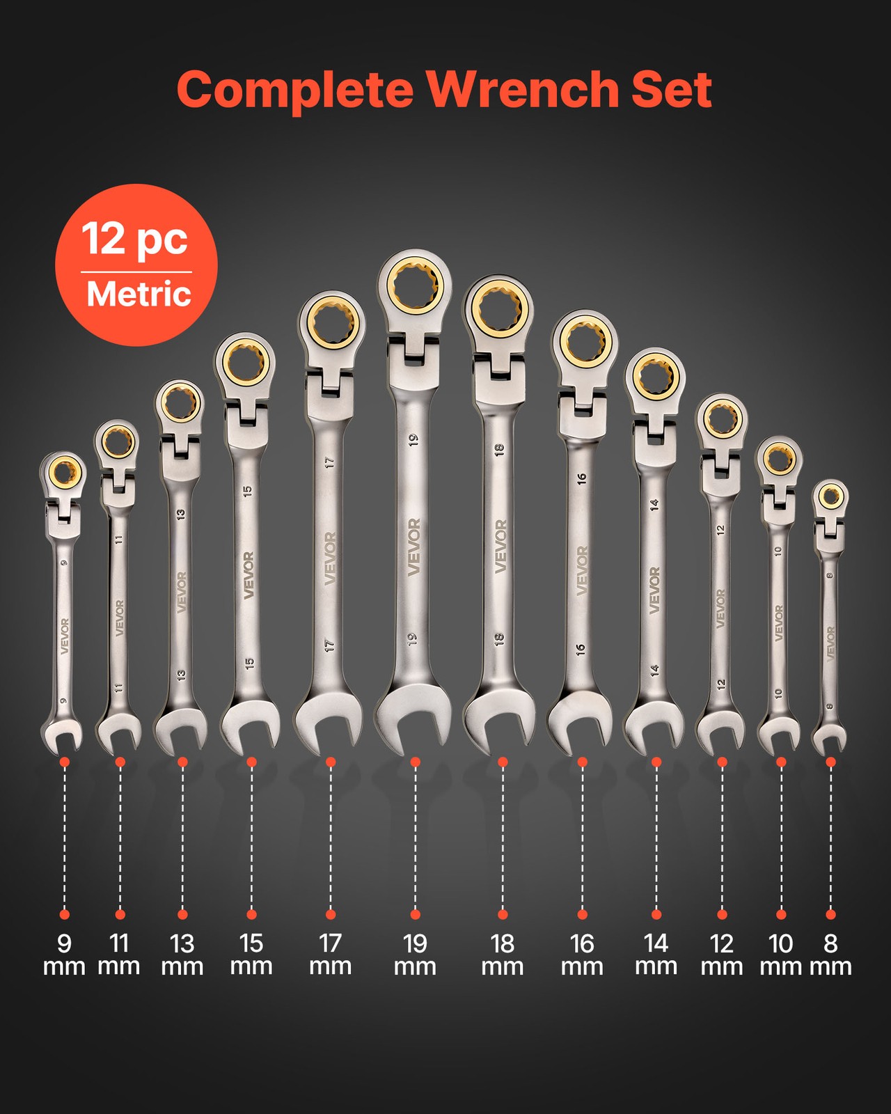 VEVOR Flex-Head Ratcheting Wrench Set Combination Wrench Set 12-Piece Metric