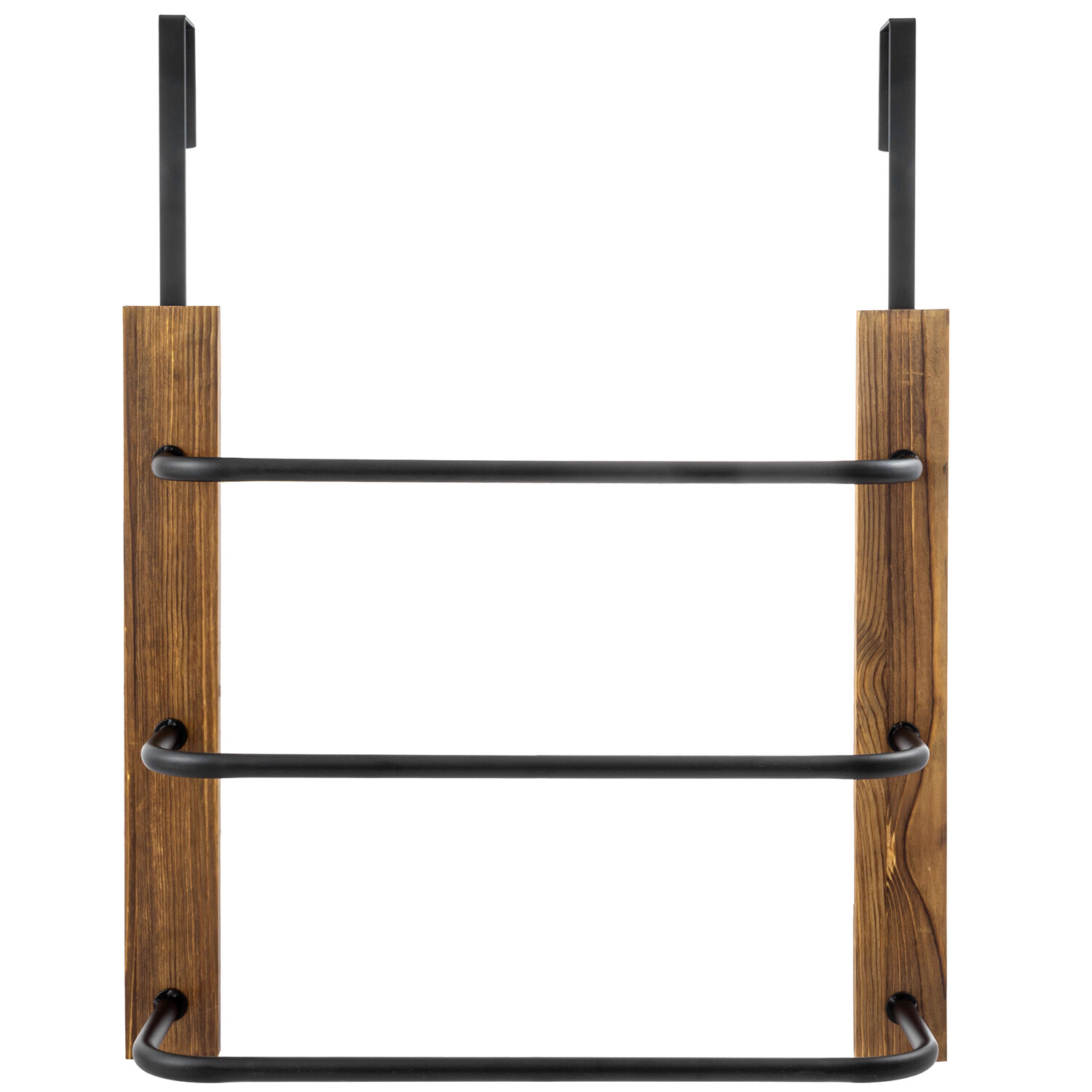 3 Tier Wood Matte Black Metal Space Saving Bathroom Door Hanging Towel Bar Rack