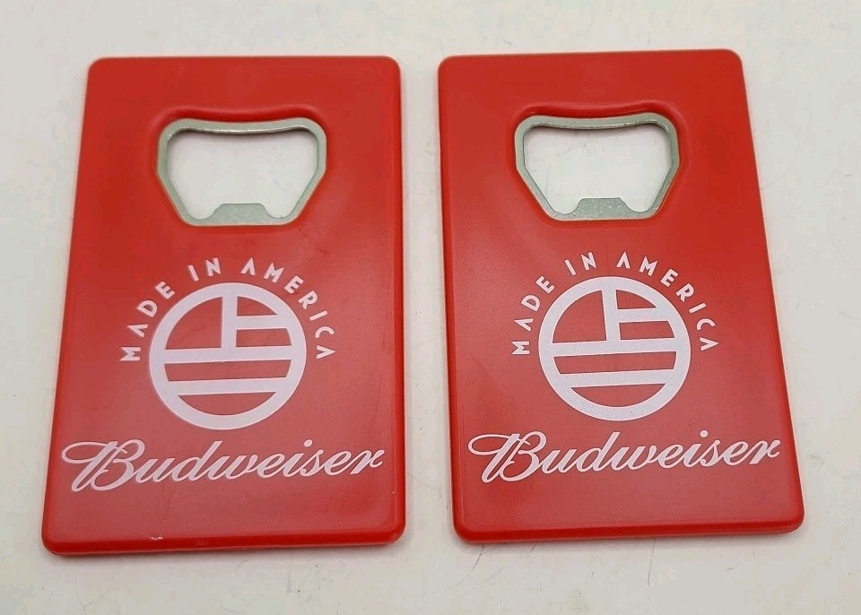 2 Budweiser Made In America W/flag Design Red Plastic Bottle Openers 3.25" Long