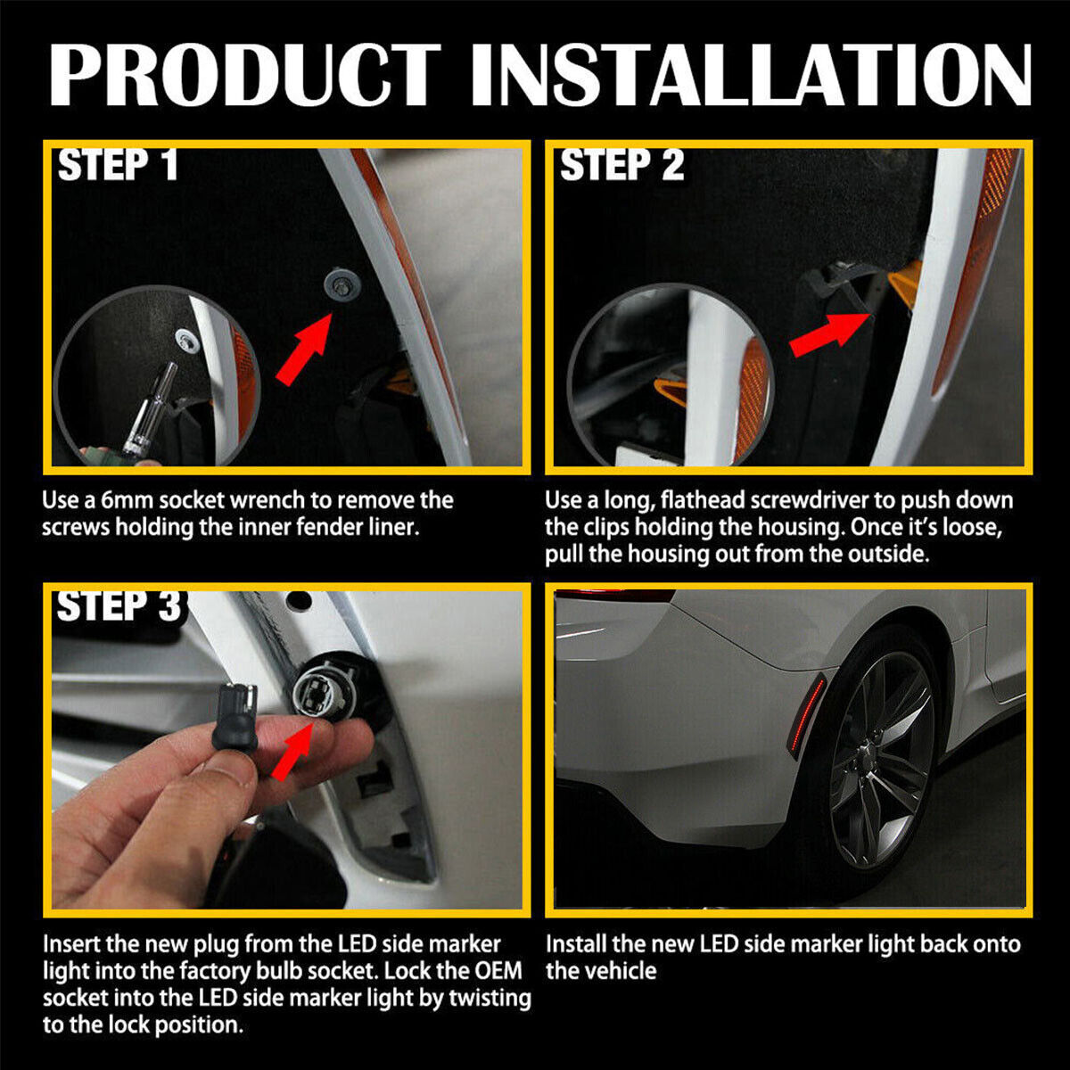 4X Smoke Full White LED Side Marker Light Fender Lamp For 2016-2023 Chevy Camaro