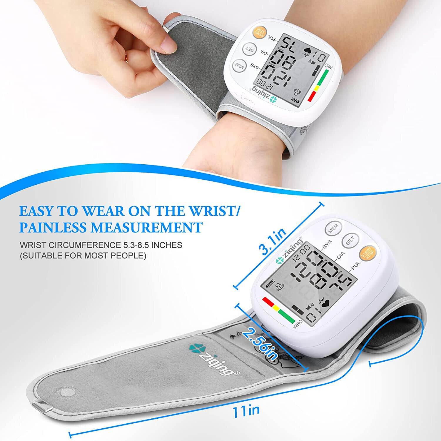 LCD Screen Wrist Blood Pressure Monitor Adjustable Cuff Heart Rate Machine