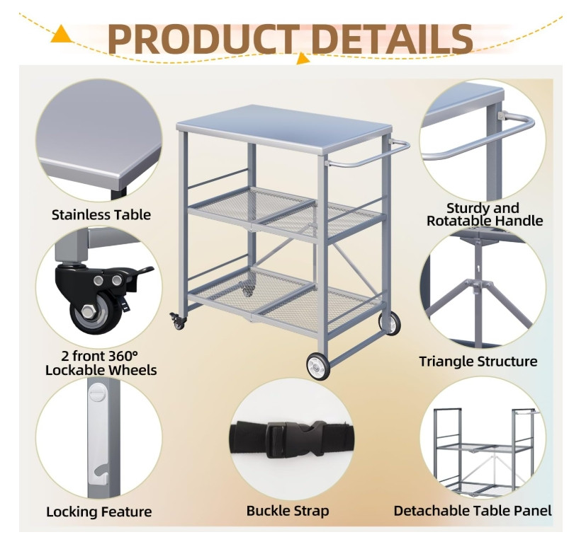 Outdoor Grill Cart Table Stainless Steel Pizza Oven Stand Trolley Table w/ Wheel