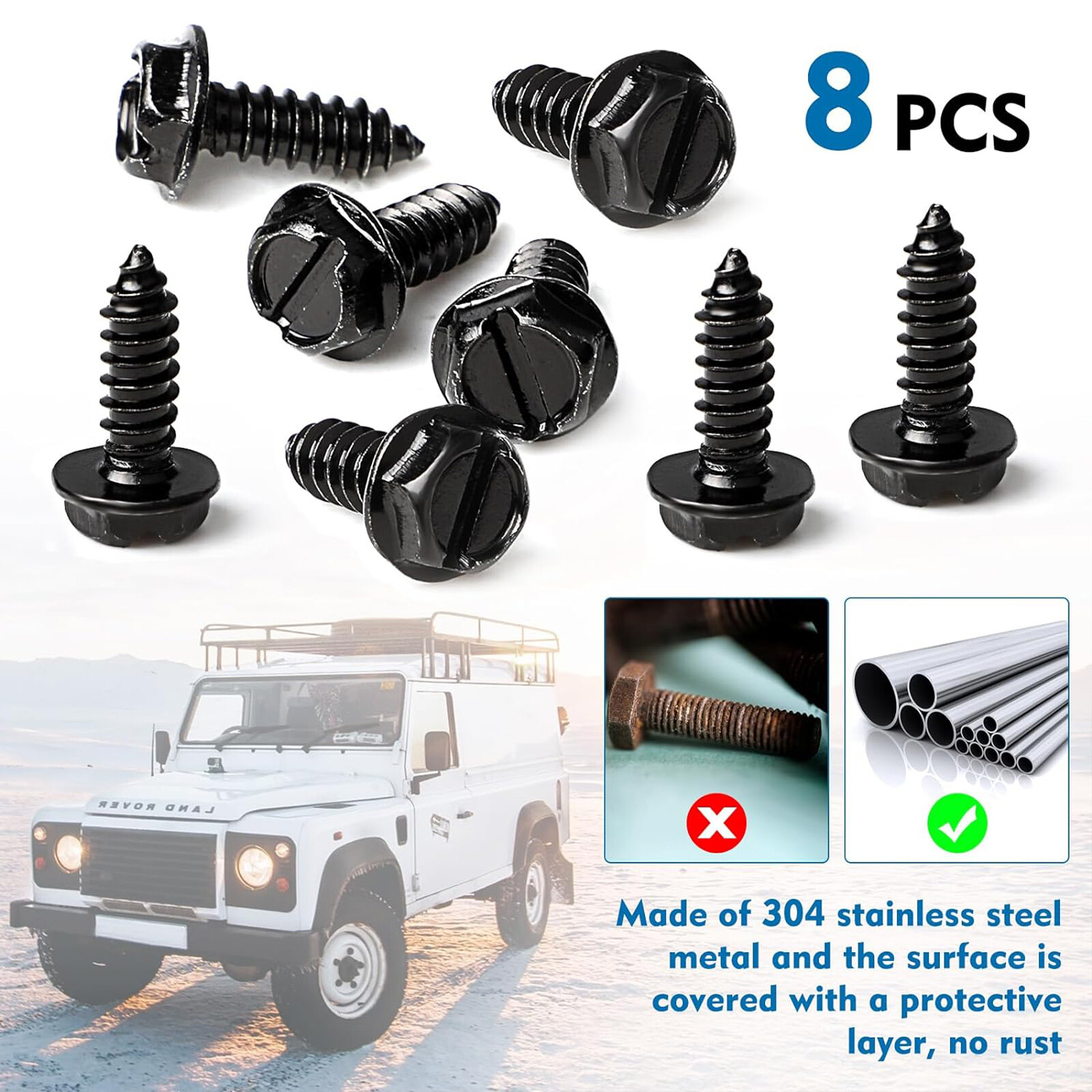 8 Black License Plate Screws Stainless Steel Bolts Caps Car Dealer Fasteners Kit
