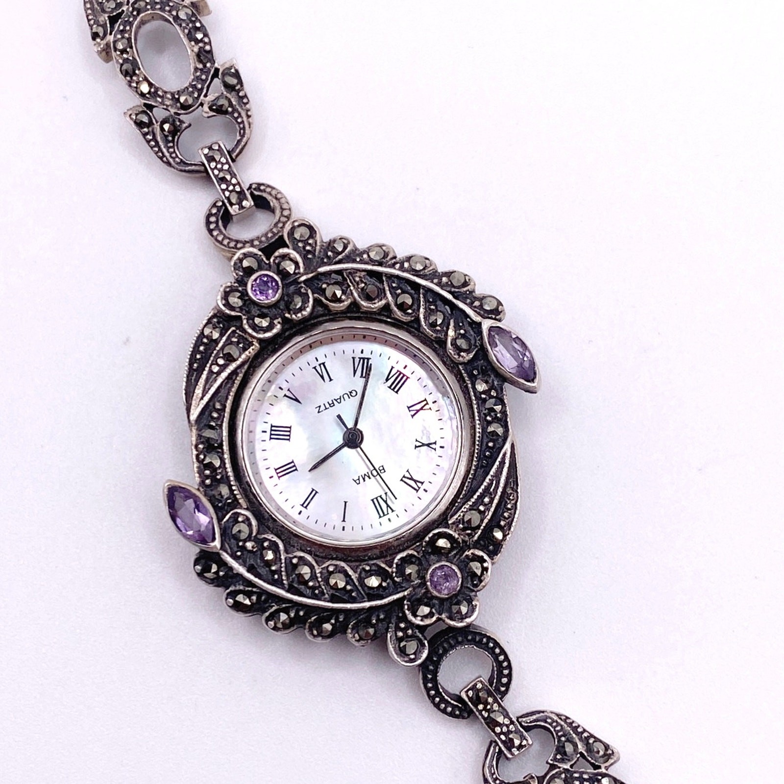 Boma Vintage Sterling Silver With Marcasite And Amethyst Watch 7”