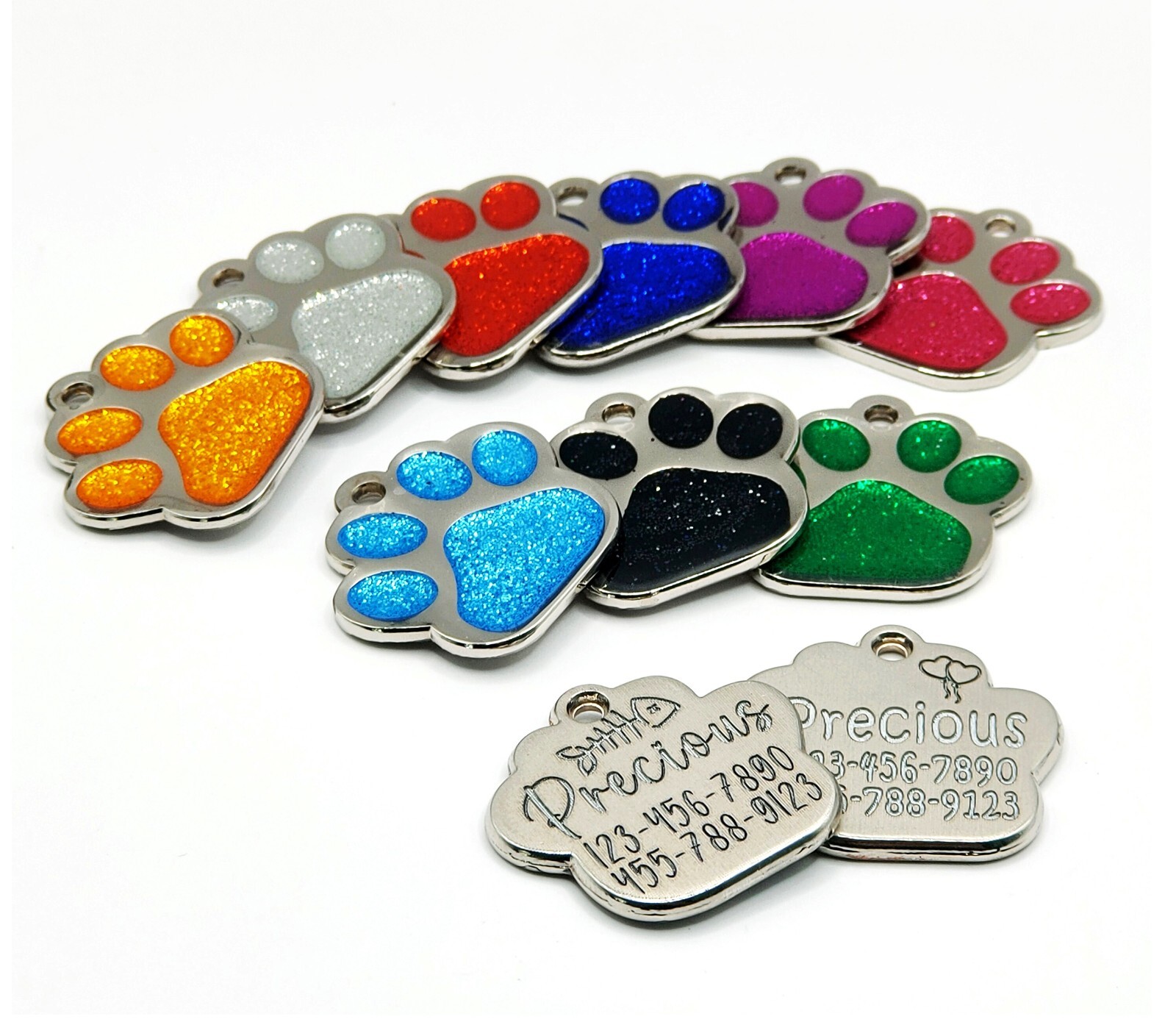 Deep Engraving, Glitter Paw Pet ID Tag, Custom Engraved, Dog Tags Personalized