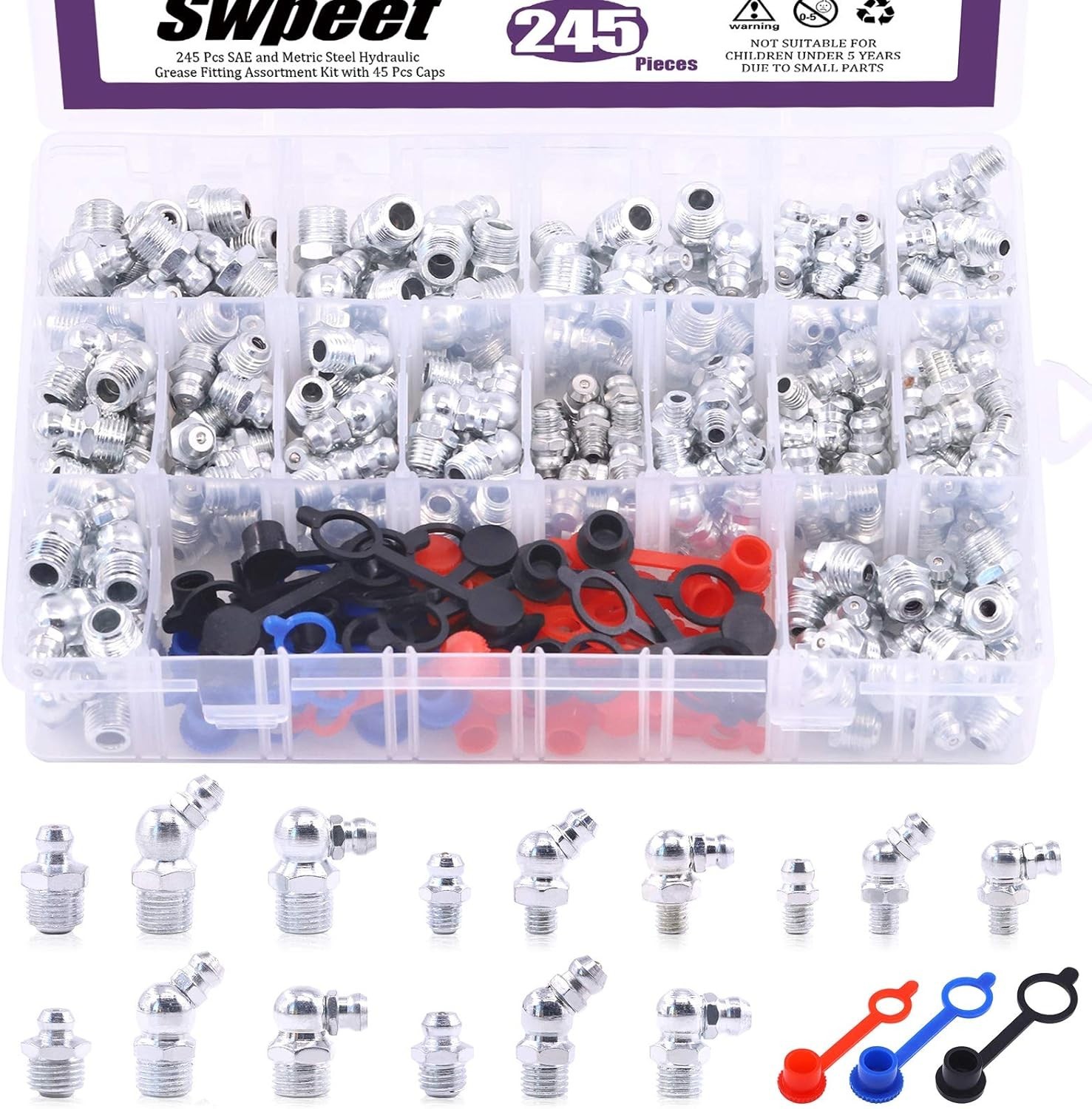 246PCS SAE Metric Grease Nipple Zerk Fittings Kit 1/4 1/8 M6 M8 M10 Assortment