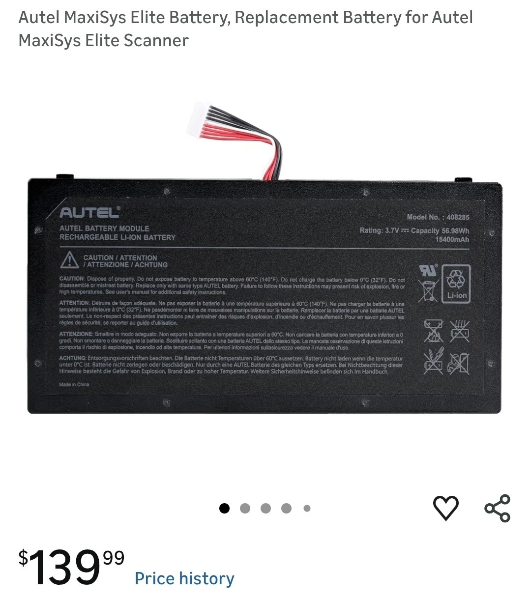 New Genuine 15400mAh 408285 Battery for AUTEL MaxiSys Elite Diagnostic Scanner