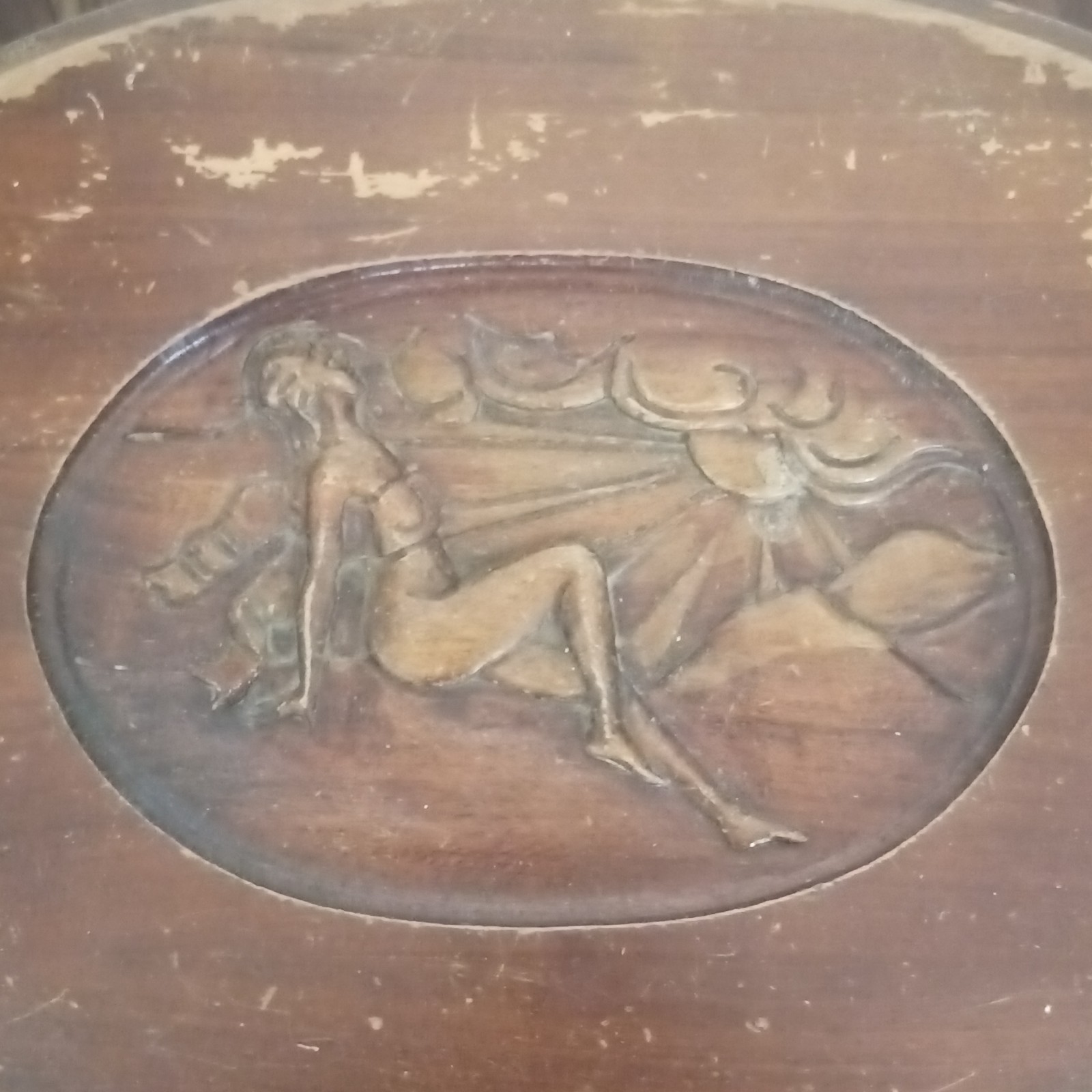 Antique Walnut carved lady basking in sun wood coffee table art nouveau deco