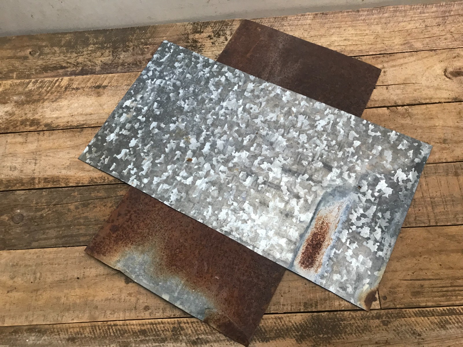 2 Galvanized Sheet Metal Gray/Silver & White Patina Rusty Back Side 18 1/2