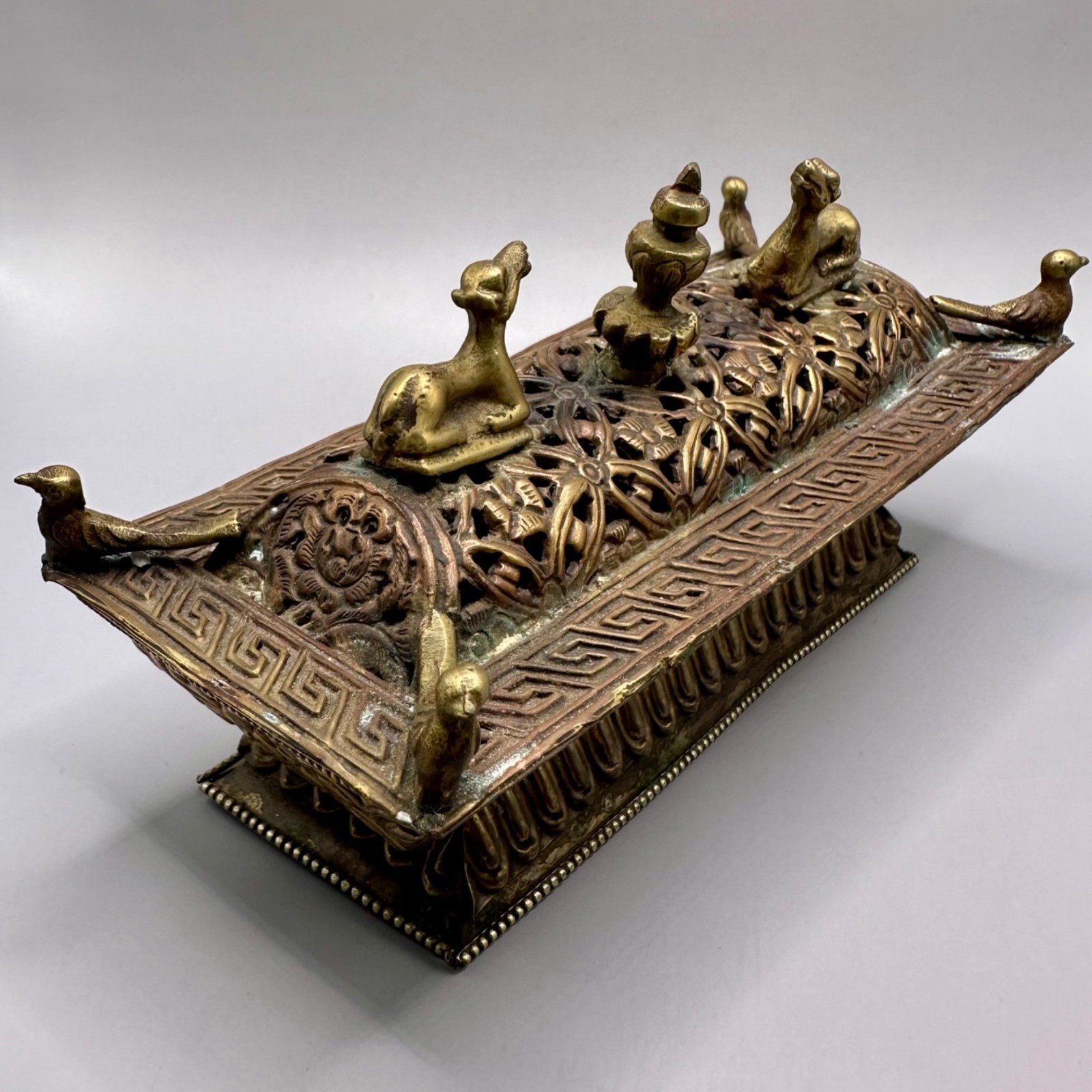 Nepal Tibetan Buddhist Incense Burner Brass & Copper Animal Finials Birds Motifs