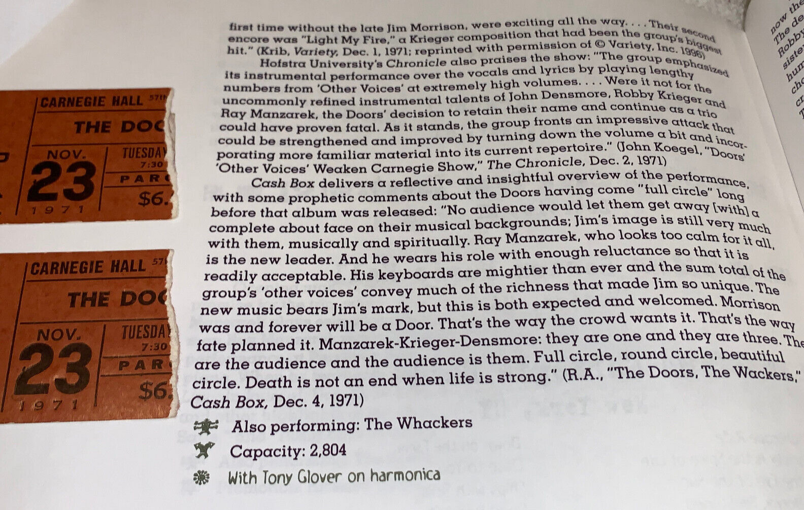 THE DOORS 1971 CONCERT TICKET STUBS CARNEGIE HALL Ray Manzarek Robby Krieger USA