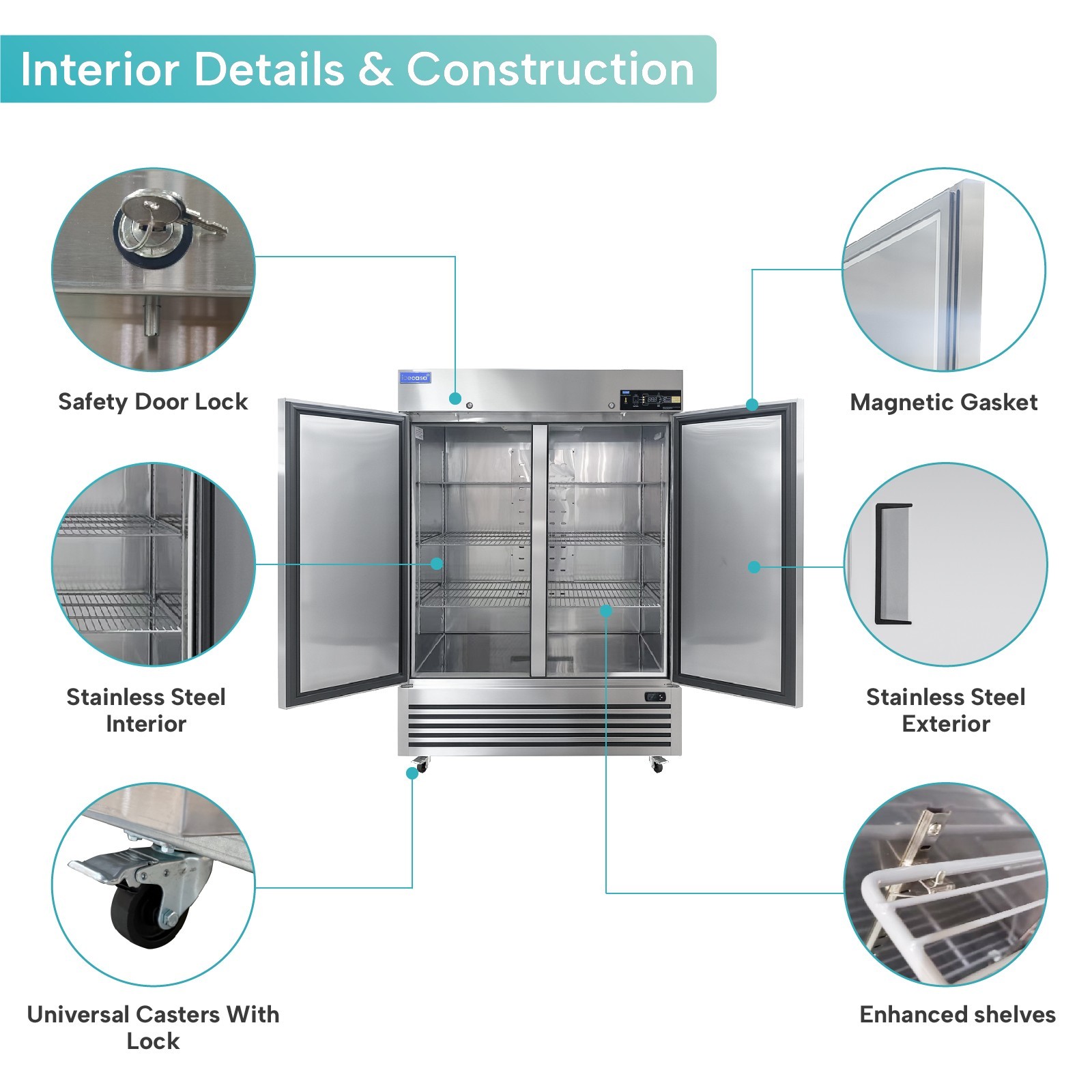 54" Commercial Freezer, ICECASA 2 Door Reach-In Freezer 49 Cu.ft