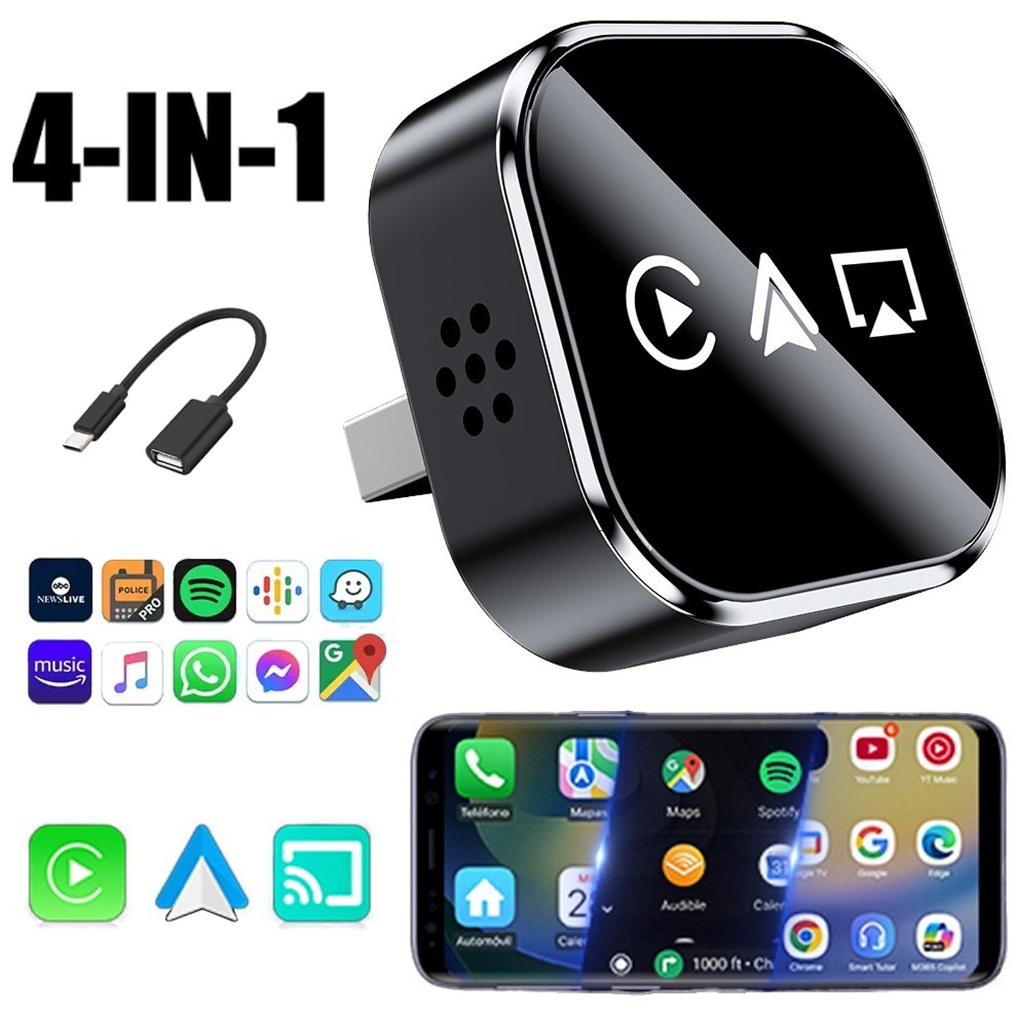 2026 Carplay Adapter Wired to Wireless CarPlay Android Auto Mirror Link 4-IN-1