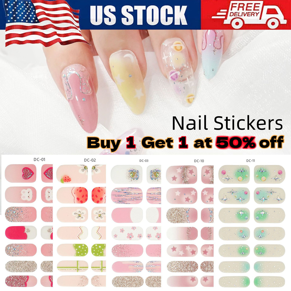 Full Size Nail Wraps Stickers Polish Toe Manicure Art Self Stick Decor 3D Decals