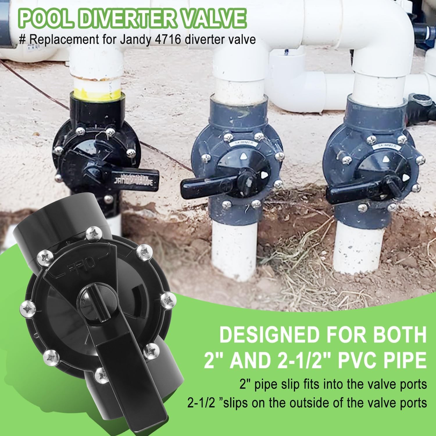 Pool Diverter Valve 2 Way 2 Inch Replacement for Jandy 2 to 2-1/2-Inch, Black