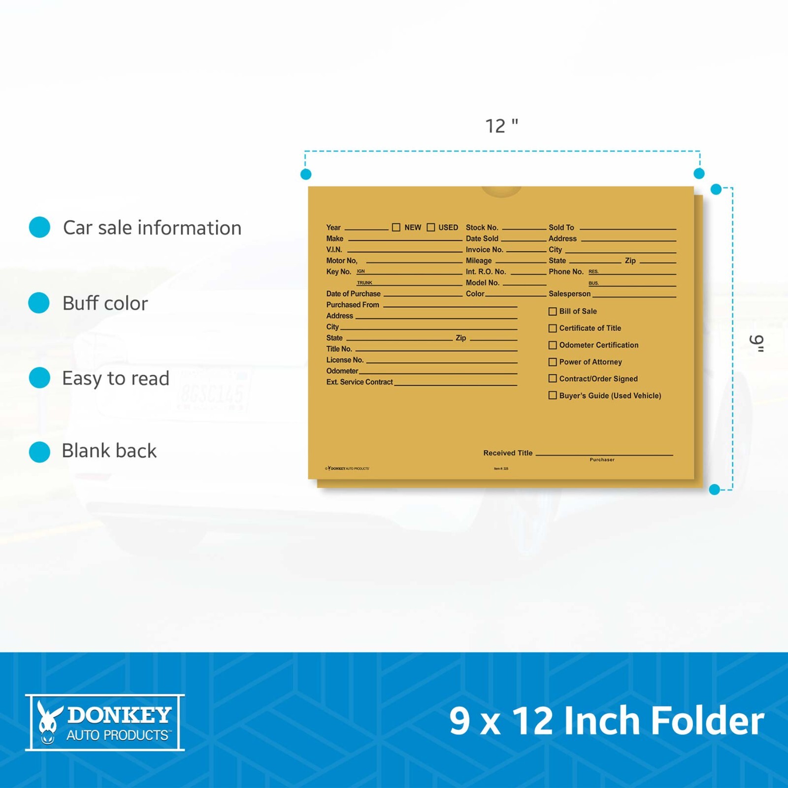 Printed 9x12 Vehicle Deal Jackets Car Dealer Envelopes (100 per pack)