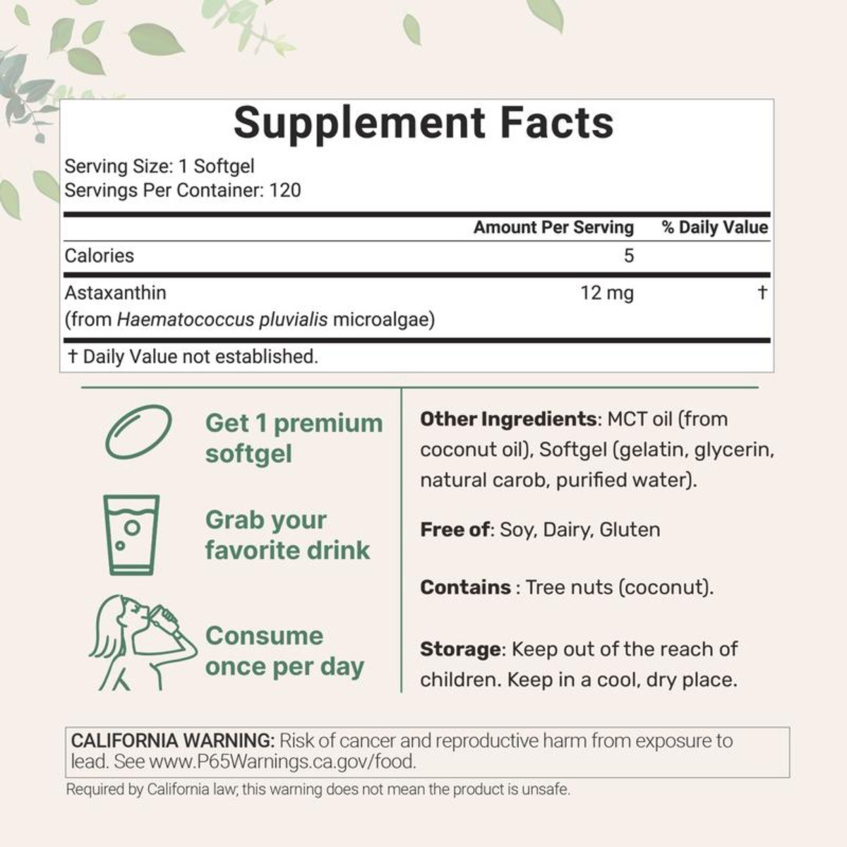 Astaxanthin 12mg from Natural Microalgae,For Skin Glow & Antioxidant Support
