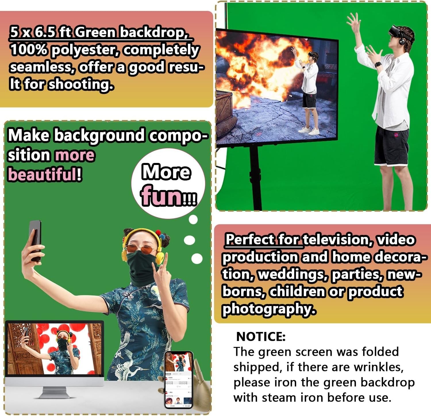 Green Screen Backdrop, 5 X 6.5Ft Greenscreen Background for Photoshoot, Small Gr