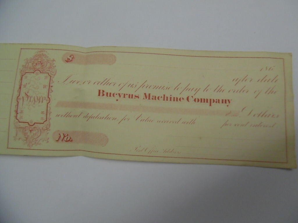 1860s Bucyrus Machine Company Check Ohio Antique Original RARE EARLY COMPANY DOC