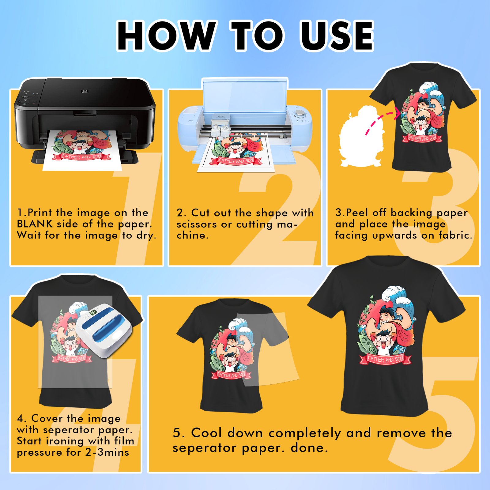 50 Pk Blue Grid Heat Transfer Paper for Dark T Shirt Iron-on 8.5x11 Inkjet Laser