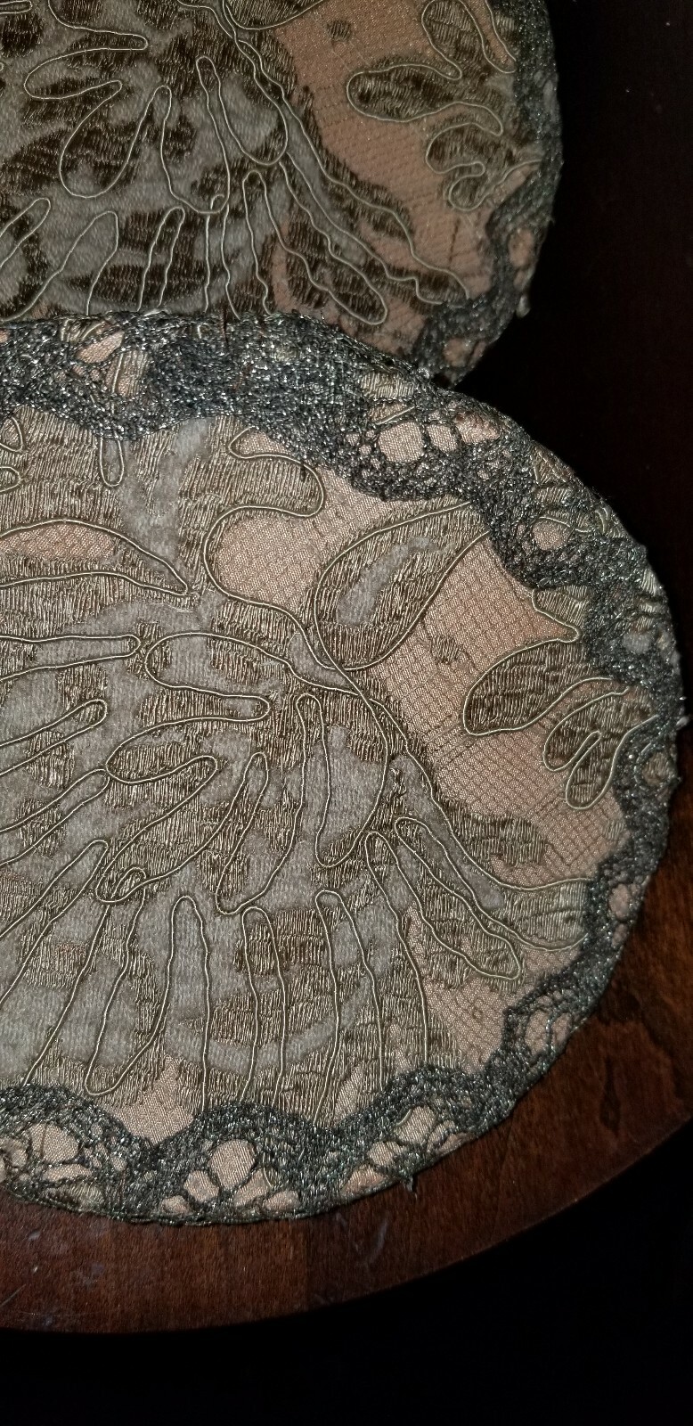 ANTIQUE PAIR FRENCH METALLIC LACE EMBROIDERED CANDLE SHADE SHIELDS HALF SHADES