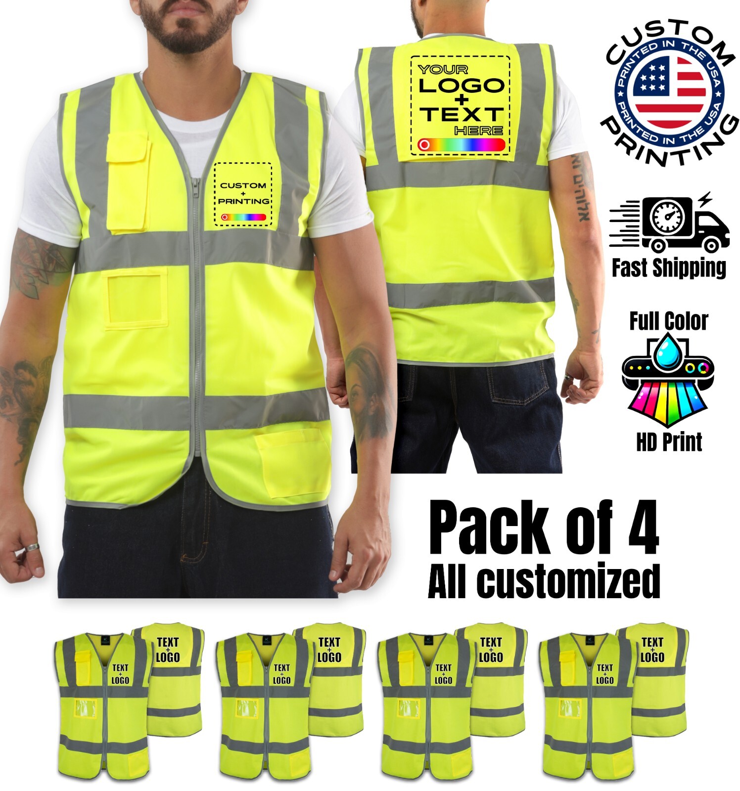 Pack of 4 Custom Hi-Vis Safety Vests – Full-Color Personalized Print
