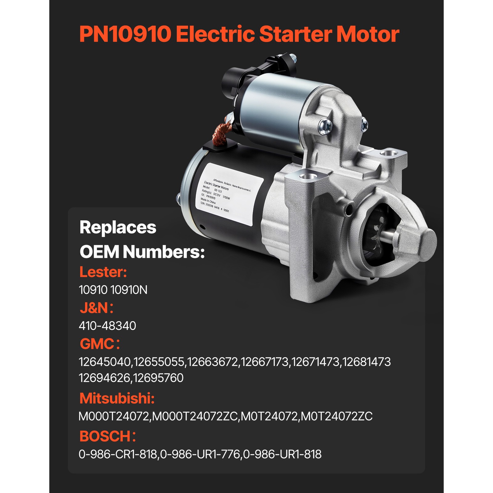 Starter Motor for Chevy Silverado GMC Sierra 1500 4.3L 5.3L 6.2L 2014-2018 10910