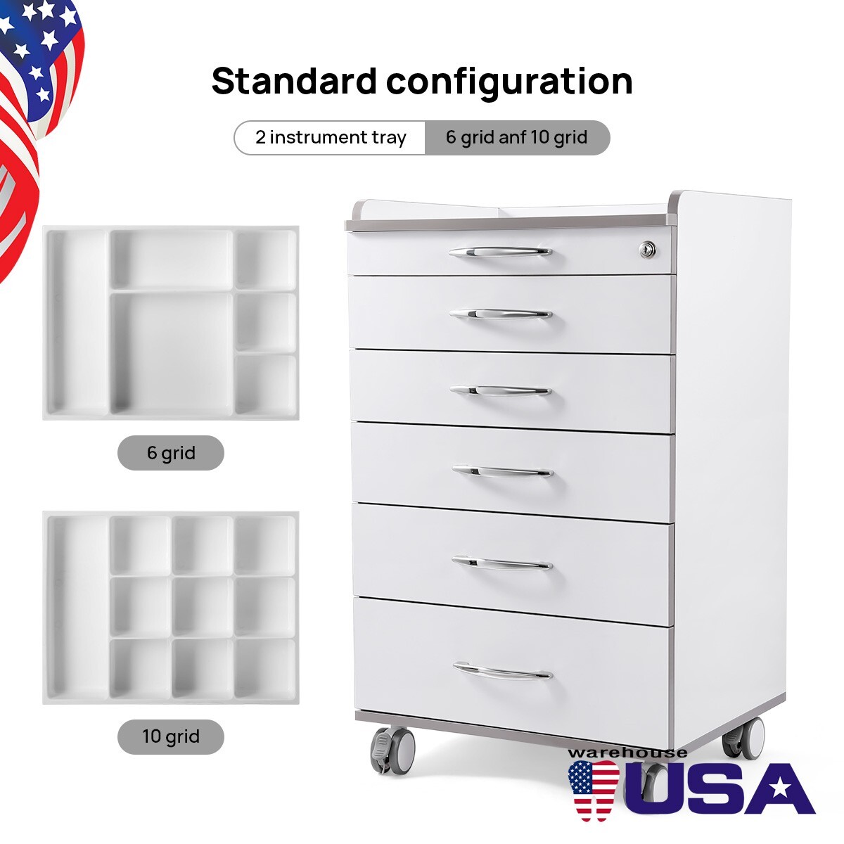 Mobile Dental Cabinet Cart With Grids 5 Drawers Lab Medical Storage Trolley Cart
