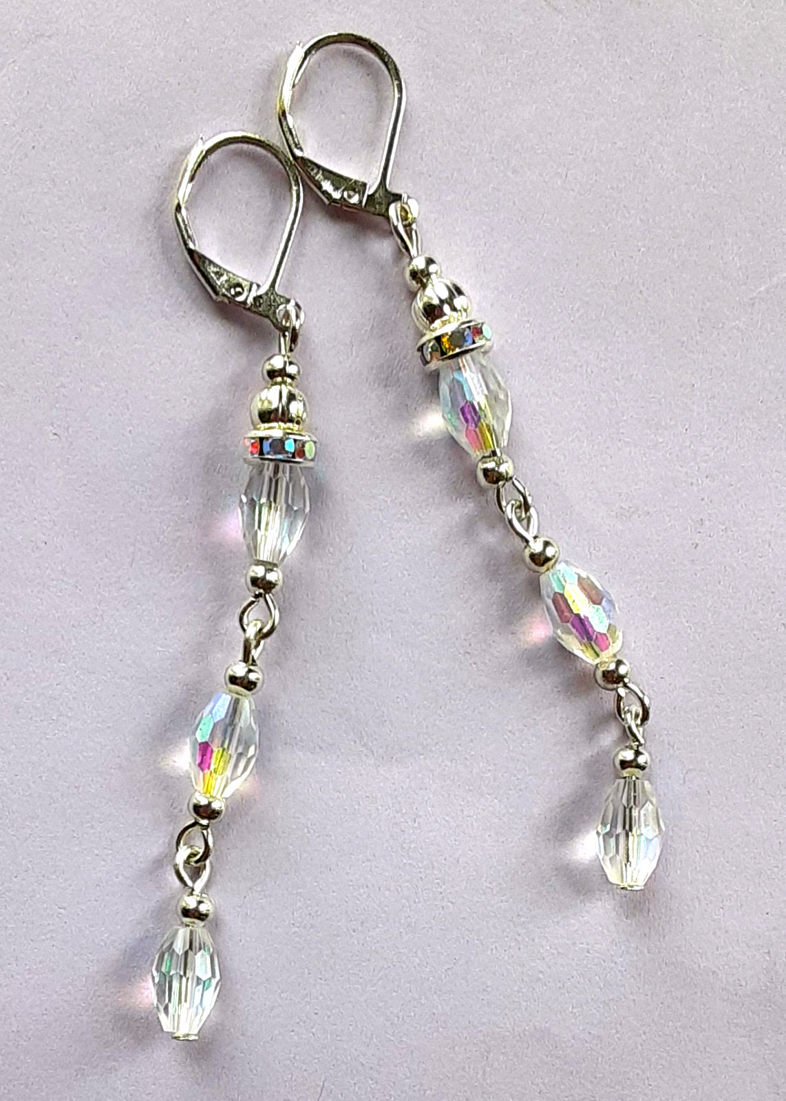 faceted CLEAR CRYSTAL & AB RING dangle earring SP LEVER BACK handcrafted XCBA