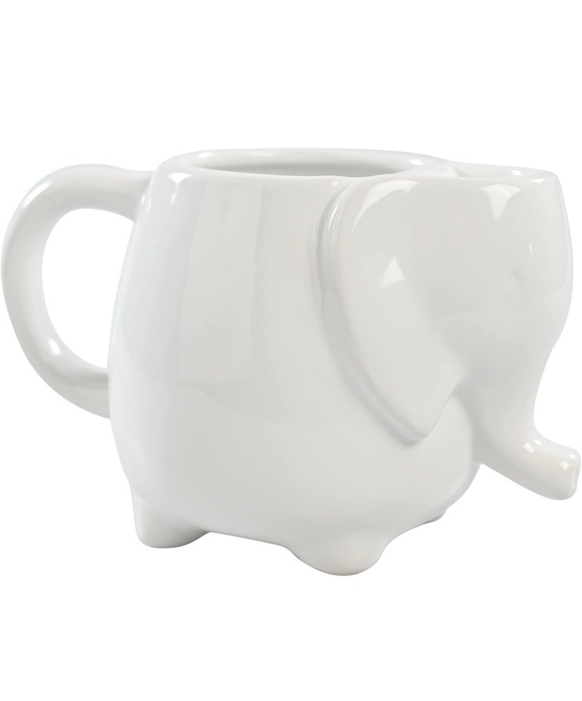 HOME-X WHITE ELEPHANT CERAMIC MUG WITH TEA BAG HOLDER 16 Oz 6”x4”x3”