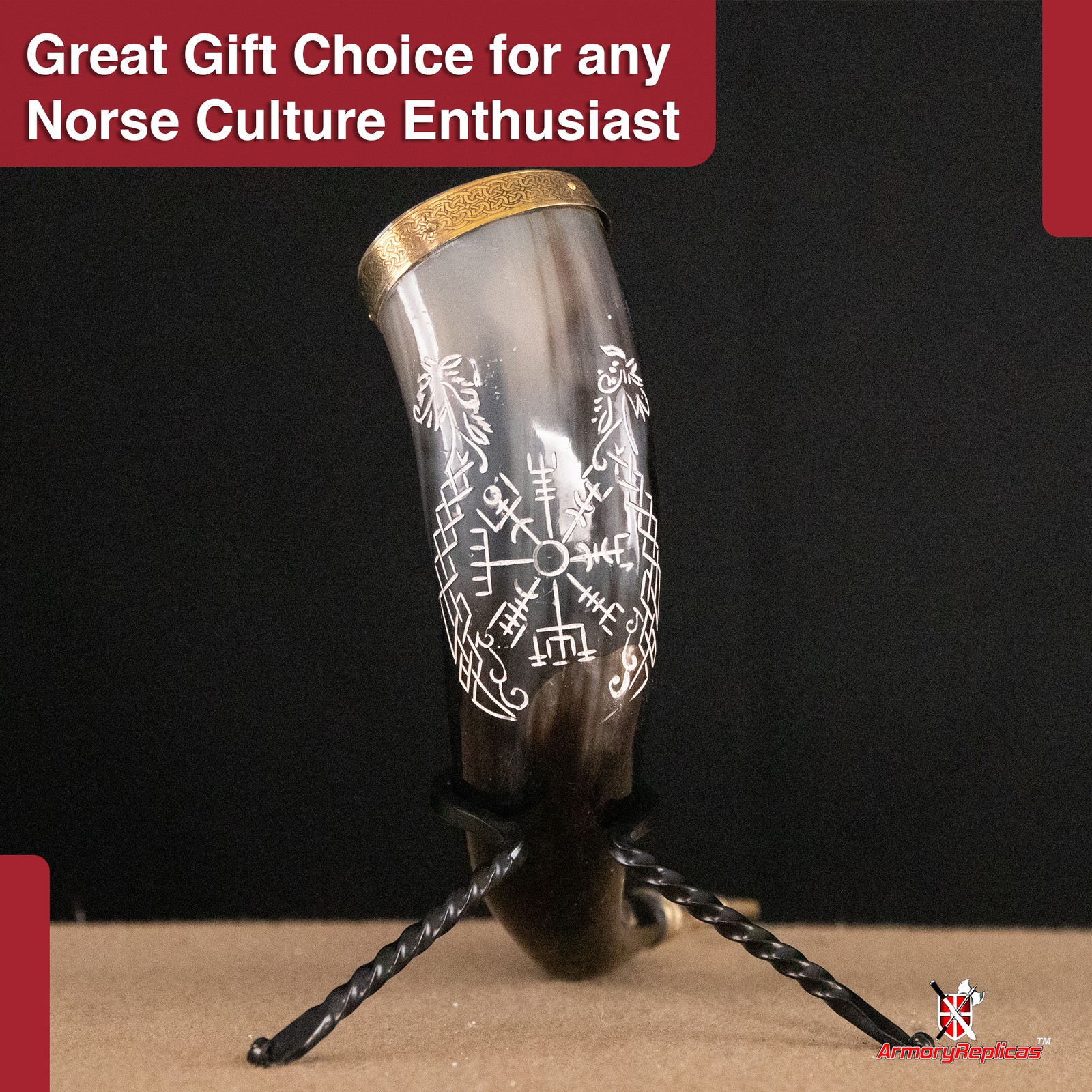 Authentic Jormungandr Viking Horn with Iron Stand - 7-11oz Norse Drinking Horn