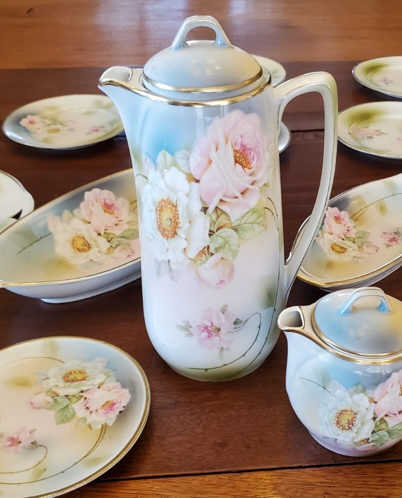 Antique Chocolate Set, Germany, Hand Painted W/Roses, Massive 34 Piece Set!