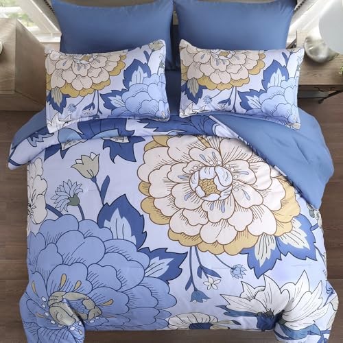 7 Pieces Floral Comforter Set Queen Size Botanical Bed in a Bag, King Blue