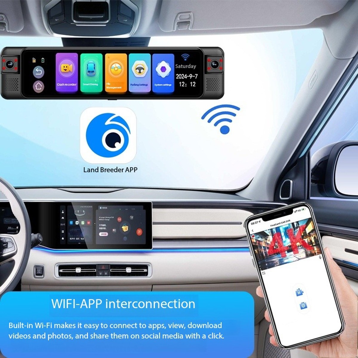 360 Degree 4K Rear View Mirror Camera 4 Channel Dash Cam Car DVR ADAS BSD WIFI