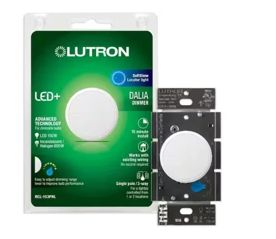 Lutron RCL-153PNLH-WH Dalia LED+ Rotary Dimmer Switch Single-Pole/3-Way White
