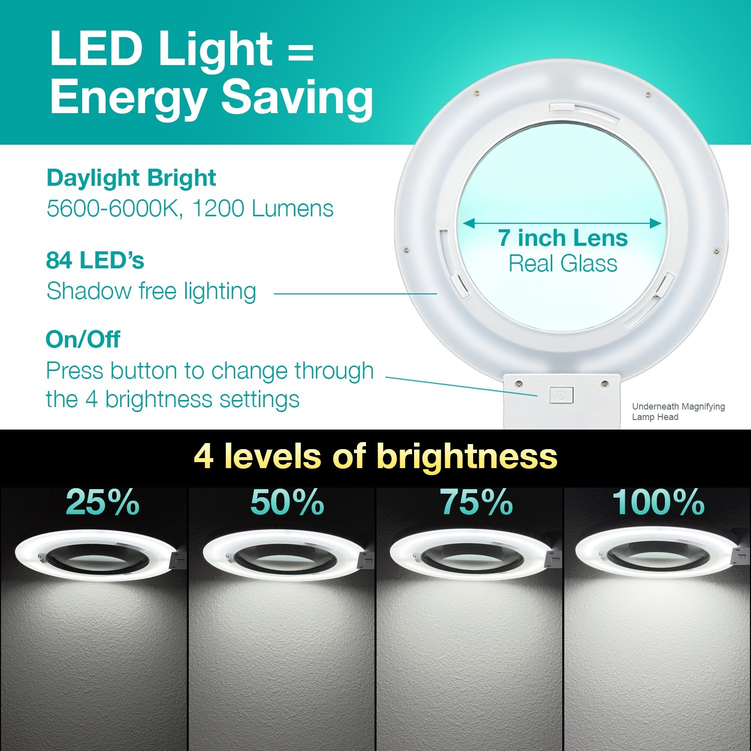 LED Magnifying Lamp w/ Clamp, Large 7 inch glass lens (5 Diopter, 2.25X)