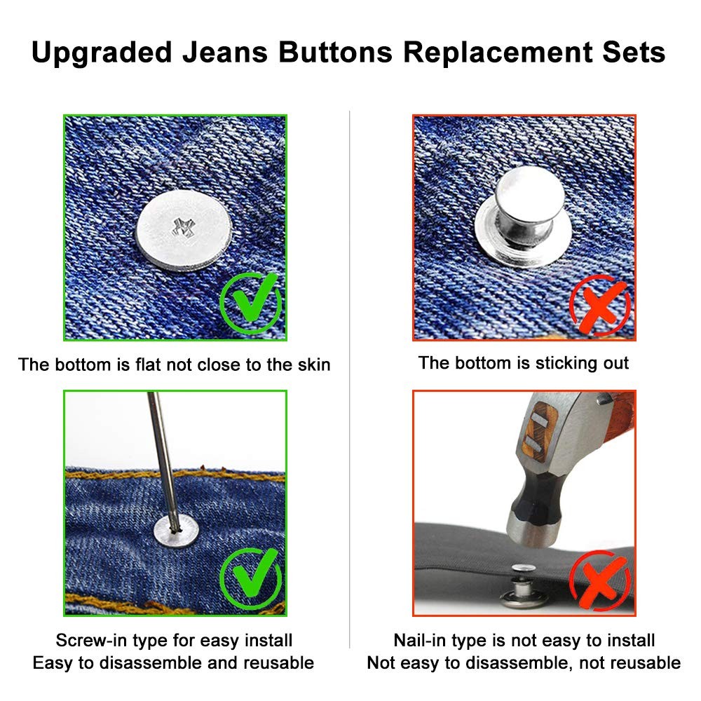 15 Sets Replacement Jeans Buttons, 17mm No-Sew Nailess Removable Metal Jeans
