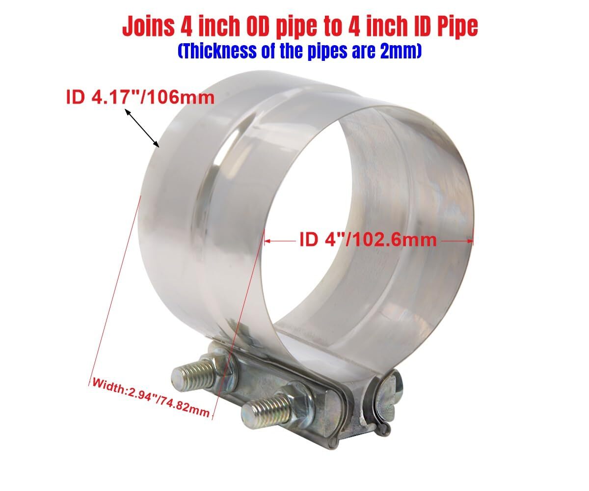 4 Inch Exhaust Clamp Lap Joint Band Stainless Steel 4" OD to 4" ID Pipes