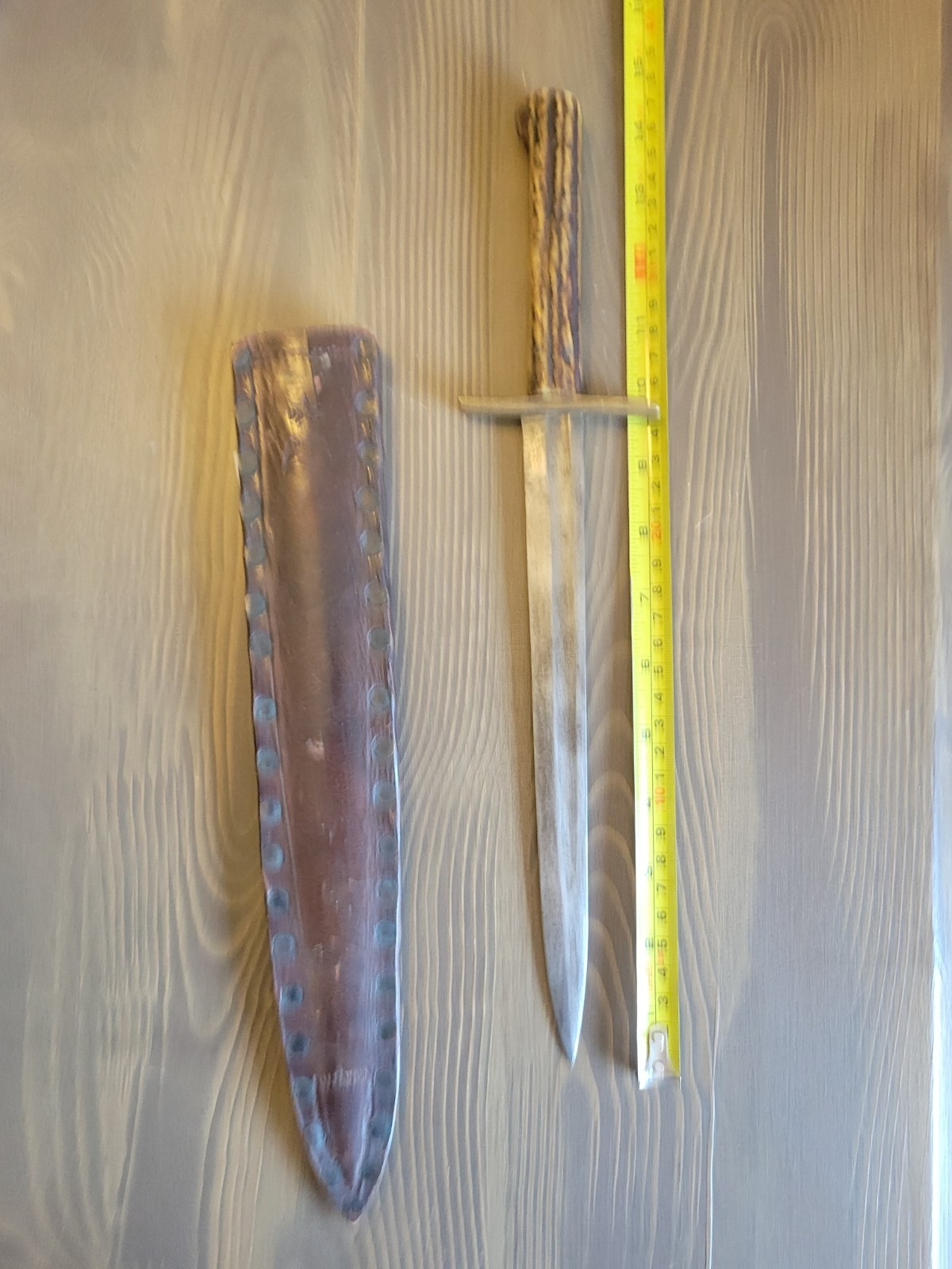 Antique Mid-1800s Stag Handle Fighting Knife with Sheath