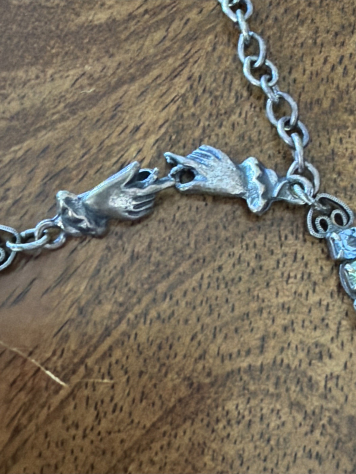 Mary Demarco Fairycore Rhinestone Tulip Glass Opal Hand Clasp Necklace 13"