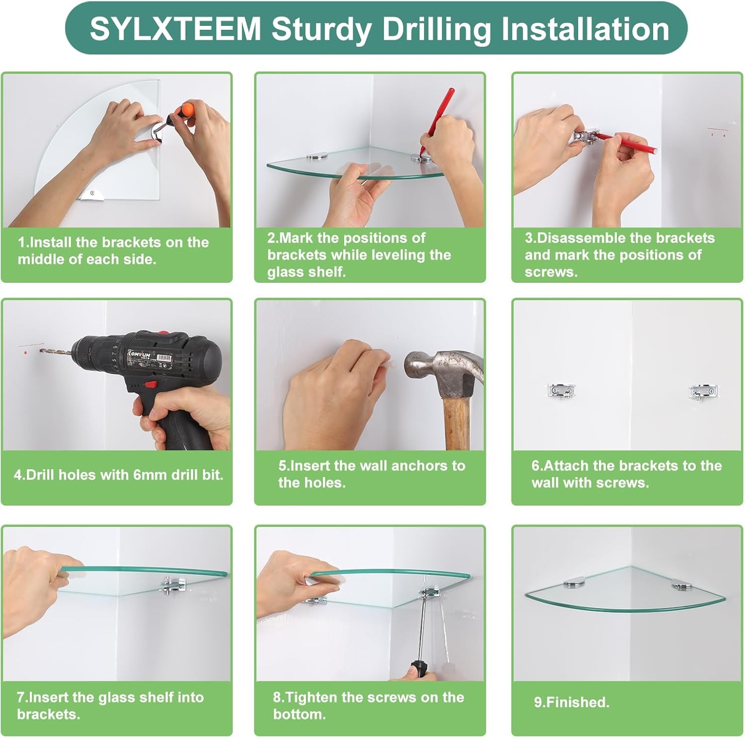 Glass Corner Shower Shelves, Tempered Floating Glass Shelves Wall Mount,