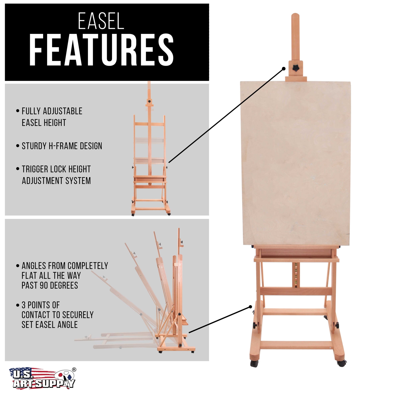 Wooden Beechwood Adjustable H-Frame Studio Easel, Artist Tray Wheels Hold Canvas