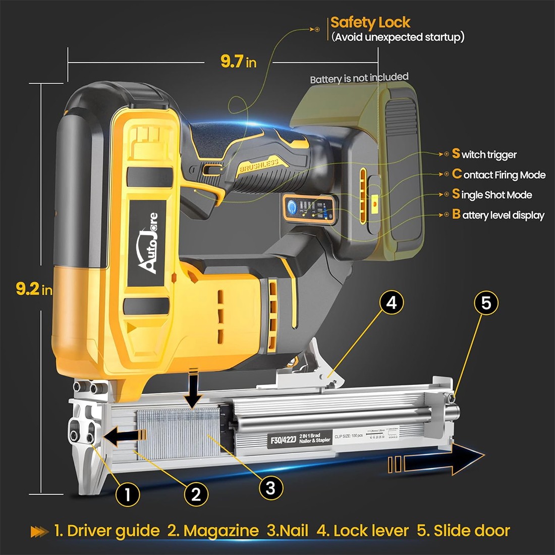 18GA Cordless Brushless Brad Nailer for Dewalt 20V Battery,2 in1 Electric Nail