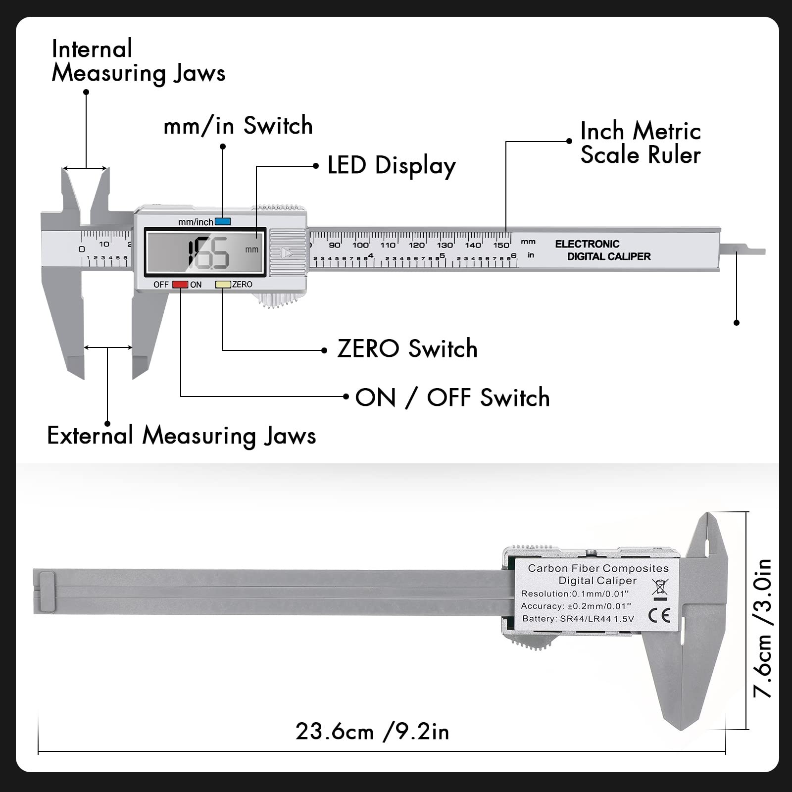 Electronic Digital Caliper, LCD | 0 to 6 inch inch/mm Conversion, Automatic S...