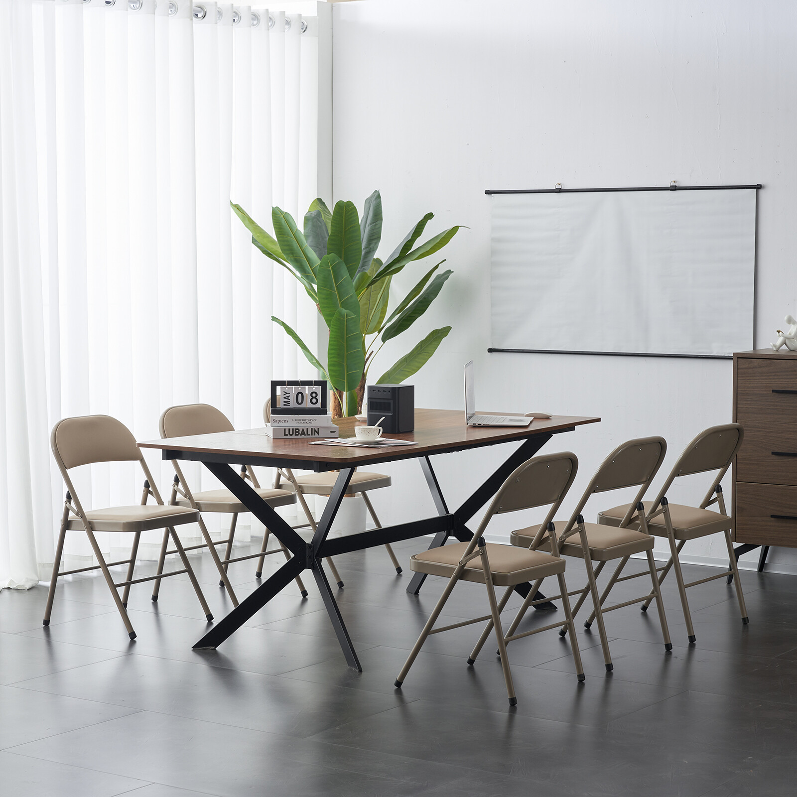 6 PCS Folding Chairs with High-Quality Padded Fabric Seat Heavy Duty Metal Frame